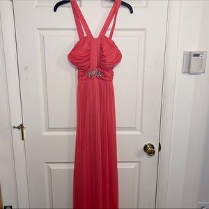 Coral halter prom dress with rhinestones